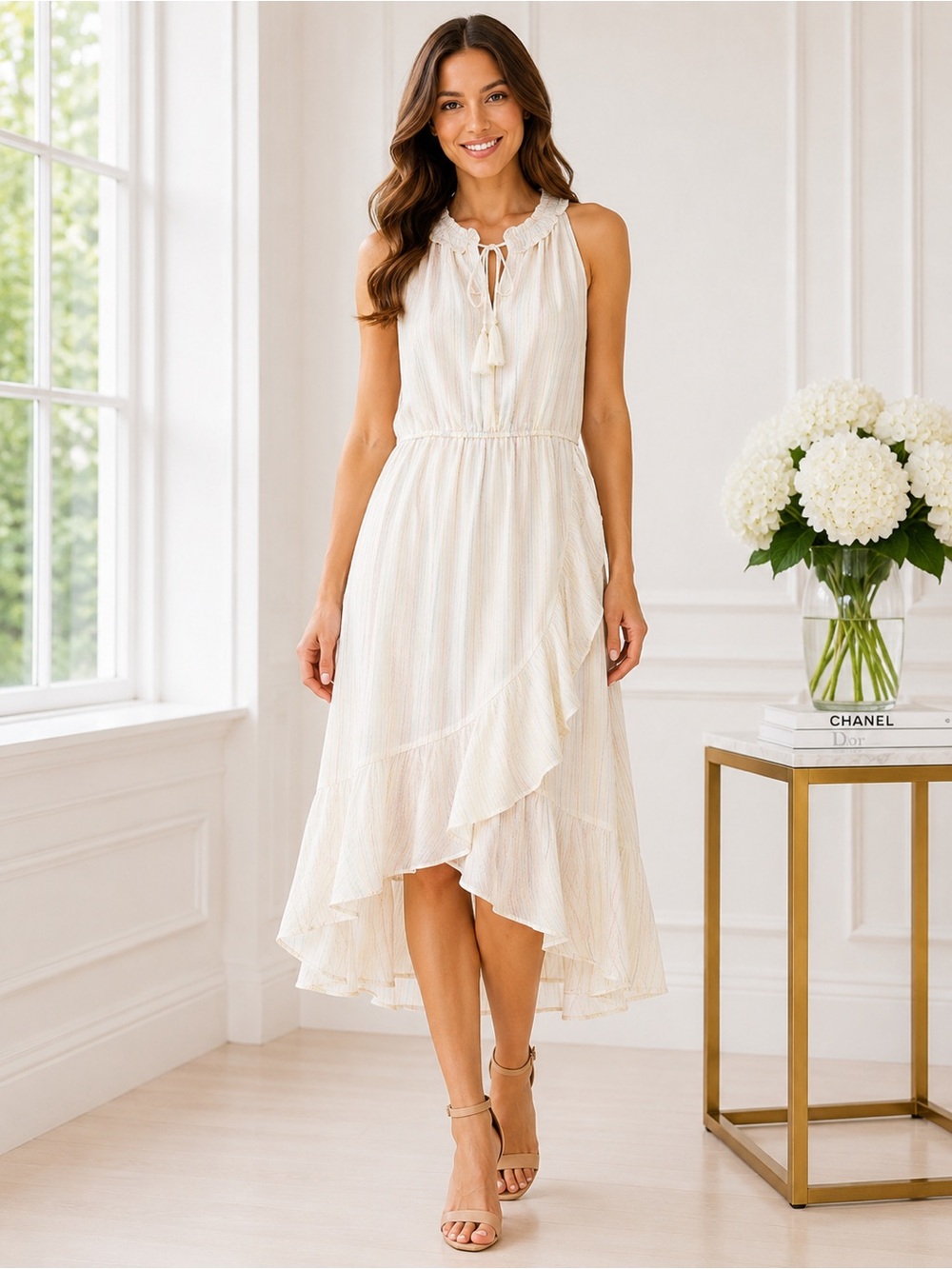 LC Lauren Conrad Petite Ivory Rainbow Stripe Halter Midi Dress Ruffle NWT PXL